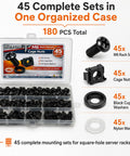 Complete 45 Sets M6 Rack Screws And Cage Nuts 180 Piece Pro Gear Server Rig Mounting Hardware Kit With Nylon And Quick Snap Black Cup Washers For Square Hole Rack Setup in organized case.