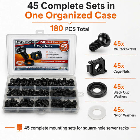 Complete 45 Sets M6 Rack Screws And Cage Nuts 180 Piece Pro Gear Server Rig Mounting Hardware Kit With Nylon And Quick Snap Black Cup Washers For Square Hole Rack Setup in organized case.