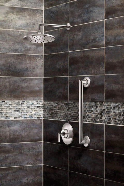 18 Inch Stainless Steel Chrome Bathroom Grab Bar Built To Last, Heavy Duty Safety Handle, visible in a modern shower setting