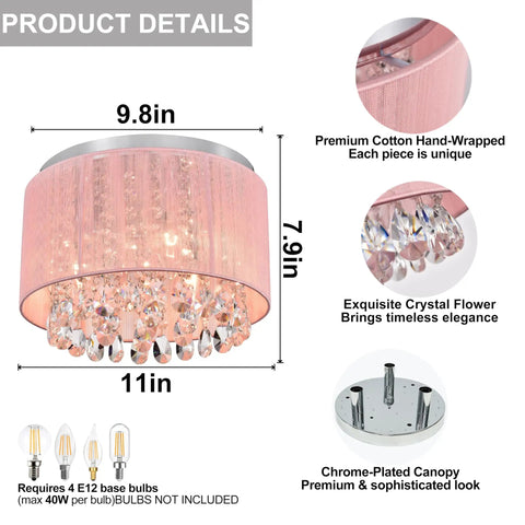 Pink Chandelier Drum Flush Mount Crystal Ceiling Light Fixture With 3 Lights Handmade Cotton Thread For Girl Bedroom Nursery Chic Modern Decor And Glam Lighting With A Lit Vibe For Living Room Or Kids Room Decor