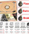 Heavy Duty Swivel Caster Wheels Set Of Four With Ten Inch Silent Pneumatic Rubber Tires And Steel Brake Plates showing dimensions and types like fixed, swivel, and brake.
