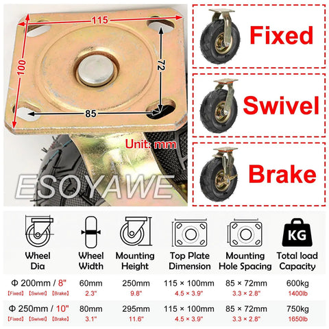 Heavy Duty Swivel Caster Wheels Set Of Four With Ten Inch Silent Pneumatic Rubber Tires And Steel Brake Plates showing dimensions and types like fixed, swivel, and brake.