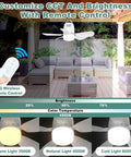 Portable Outdoor Ceiling Fan With Battery Power And Bright Led Light Silent Remote Control Canopy Breeze Maker And Extension Hook For Gazebo Patio Tent Backyard Kickback Spot with remote and light settings displayed.