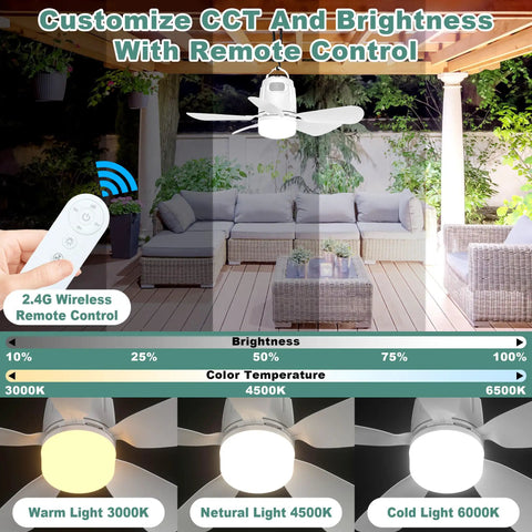 Portable Outdoor Ceiling Fan With Battery Power And Bright Led Light Silent Remote Control Canopy Breeze Maker And Extension Hook For Gazebo Patio Tent Backyard Kickback Spot with remote and light settings displayed.
