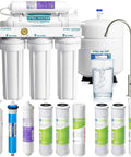 APEC ROES-PH75 Essence 75 GPD 6-stage RO filter system with three housings and storage tank, front view