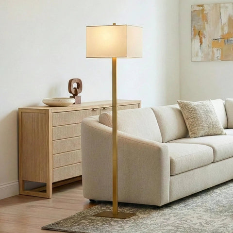 Stella Brass Floor Lamp With Modern Mid Century Vibe For Living Rooms And Offices, Tall Led Reading And Work Lamp With Hefty Base, Warm Ambient Glow And Fresh Contemporary Decor