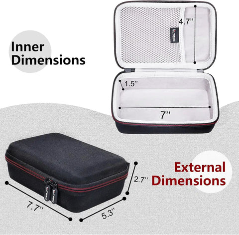 Road Ready Tough EVA Case For Focusrite Scarlett 2i2 4th Gen And Solo 4th Gen And 2i2 3rd Gen And Solo 3rd Gen USB Audio Interface With Accessories Shockproof Water Resistant Custom Fit, showing inner and outer dimensions in inches