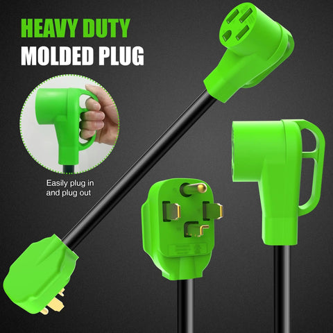 Heavy Duty Nema 14-30p To 14-50r EV Charger Adapter Converts Dryer Outlet To 50 Amp Power with green molded plug.