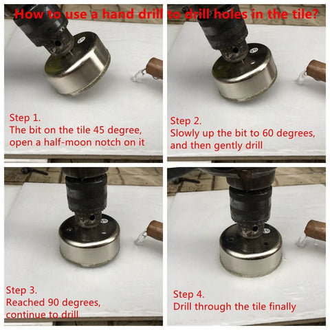 Diamond Coated Hole Saw 7 Inch 175mm for Glass Tile Stone Granite in step-by-step drilling instructions on tile.