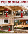 Badass Two Piece Adjustable Screw Jack Post Set For Foundation Leveling with Heavy Duty Red Brackets, used for support in various scenarios.