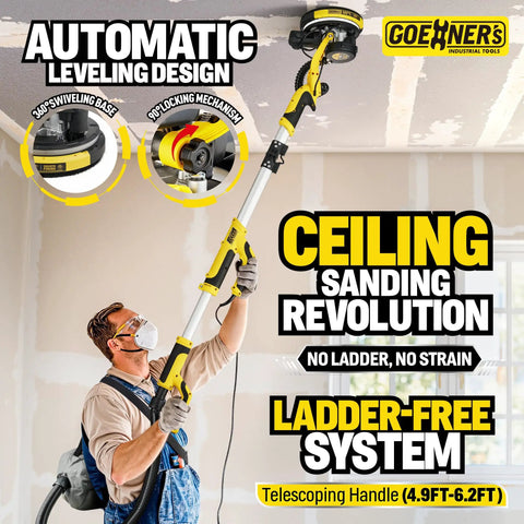 Pro Level Drywall Sander With Full Vacuum Hookup For Popcorn Ceilings Smoothly Eats Up Fine Dust Featuring Beast Mode Variable Speed Shaft Built In Bright LED Lamp And Heavy Gear Setup For Zero Mess Job Sites with telescoping handle.