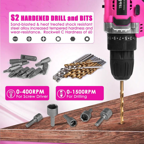 Pink 175 Piece 20V Cordless Drill Tool Set For Women with bits displayed on pink background