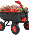 Heavy Duty 1200 Lb Dump Cart With 7 Cu Ft Capacity All Terrain 13 Inch Wheels 2 In 1 Handle Tow Behind Garden Wagon loaded with flowers