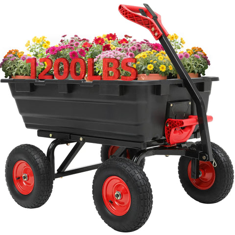 Heavy Duty 1200 Lb Dump Cart With 7 Cu Ft Capacity All Terrain 13 Inch Wheels 2 In 1 Handle Tow Behind Garden Wagon loaded with flowers