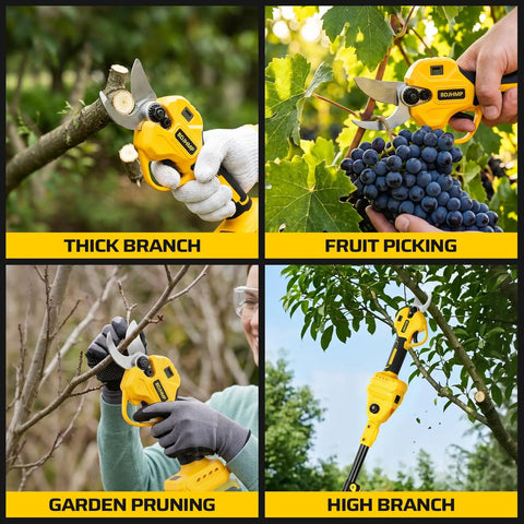 Cordless Electric Pruning Shears For DeWalt 20V Max Systems in action, cutting thick branches and fruits, ideal for garden pruning.