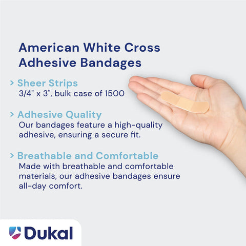 American White Cross adhesive bandages, beige Dukal sheer strips, 3/4 x 3 in, bulk 1500, front view