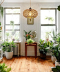 Plug In Pendant Light With Handwoven Rattan Shade, Boho Farmhouse Chandelier in plant-filled room