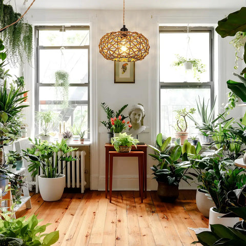 Plug In Pendant Light With Handwoven Rattan Shade, Boho Farmhouse Chandelier in plant-filled room