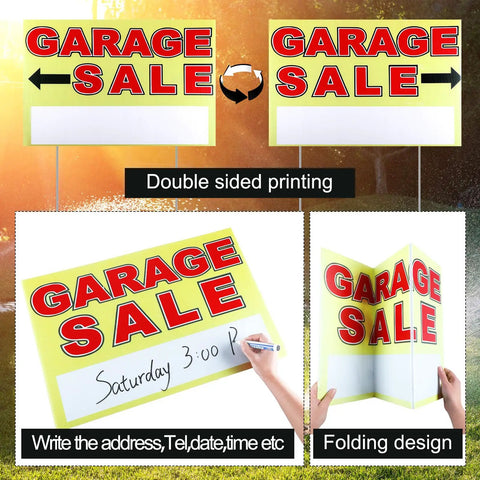 Three Piece Extra Large Garage Sale Sign Kit With Stakes, 24 By 16 Inches, Yard Sale Advertising Signs For Multiple Locations, Bold Readable Design, Weather Resistant, Perfect For Big Weekend Outdoor Garage Sale, double-sided corrugated plastic signs