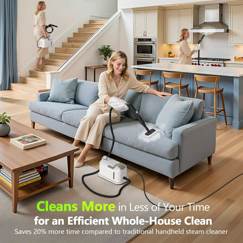 High Performance 2500W Handheld Steam Cleaner With Auto Stop And 15 Piece Accessory Kit in use on living room couch.