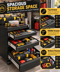 Rock Solid Heavy Duty Metal Rolling Tool Cabinet With Lockable Drawers And Non Slip Rolling Wheels For Straight Up Serious Garage Organizing And Badass Work Gear Storage Solutions showcasing spacious drawers with various tools and storage compartments.