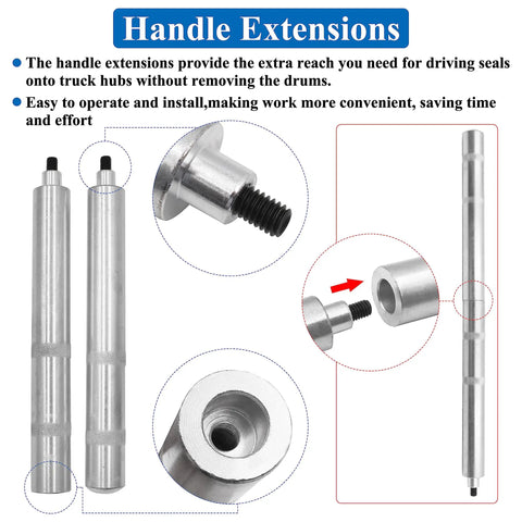 Pro Grade Heavy Duty Truck Hub Seal Installer Kit With Bearing Race And Seal Driver Set handle extensions shown