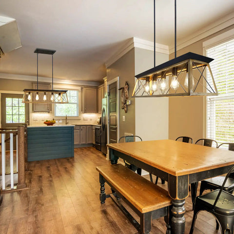 Industrial Farmhouse Black Pendant Light Five Lights For Kitchen Island And Dining Space hanging over rustic dining table.
