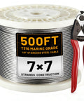 Rugged Marine Grade 1/8 Inch Stainless Steel Cable For Railing And Deck Fencing With Cutter, 500 Ft Roll, 7x7 Wire Rope