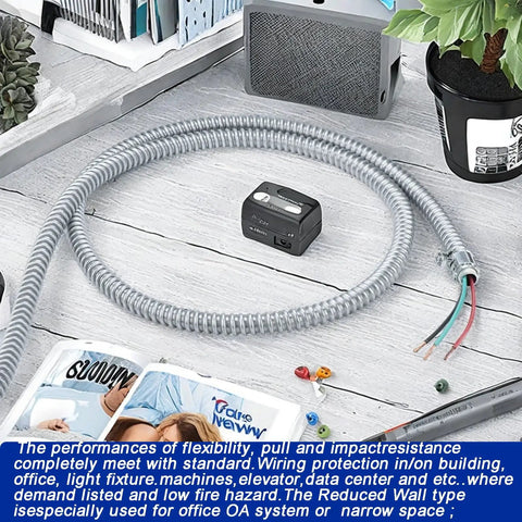 Half Inch Flexible Steel Electrical Conduit Kit With Four Couplings, Two Elbows And Seven Straps, 25 Feet Long on a desk