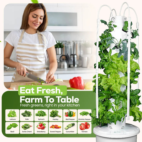 Woman in kitchen with Dope Hydroponic Tower For Vertical Gardening Self Watering Self Lighting Grow Kit fully planted.
