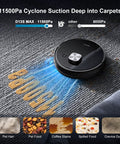 Robotic Vacuum And Mop With 11500 Pa Suction, All-In-One 3-In-1 Clean shown removing dirt from carpet, demonstrating cyclone suction power.