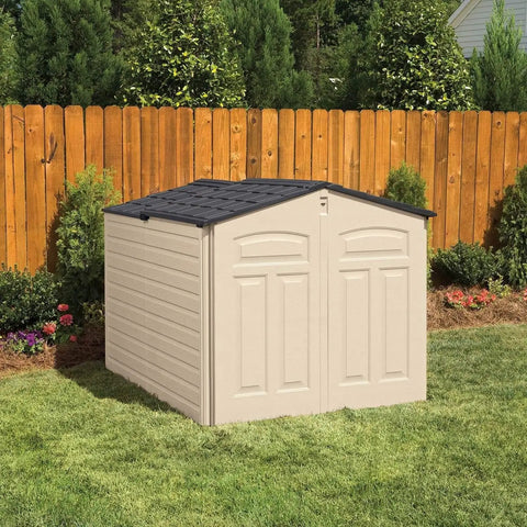 Slide-Lid Resin Outdoor Storage Shed For Backyard Gear And Tools, Weather Resistant Beige Brown, 5 By 6.5 Ft in garden setting