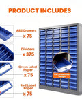 Beefy 75 Drawer Bolt And Nut Organizer With ABS Drawers And Alloy Steel Frame, Laser Welded Heavy Duty Cabinet For Tools And Fasteners, Durable Small Hardware Storage Case, 3.9 Inch Depth, 7.8 Inch Width, shown with drawers and dividers
