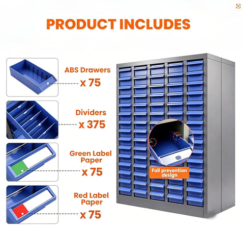 Beefy 75 Drawer Bolt And Nut Organizer With ABS Drawers And Alloy Steel Frame, Laser Welded Heavy Duty Cabinet For Tools And Fasteners, Durable Small Hardware Storage Case, 3.9 Inch Depth, 7.8 Inch Width, shown with drawers and dividers