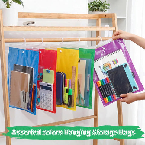 30 Piece Hanging Book Storage Bags with Hooks, colorful set in red, yellow, blue, green, purple, displayed with stationery.