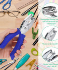 Hand holding blue puncher from Grab And Go Six Piece Craft Hole Punchers Set with metal punch and soft grip handle for DIY projects