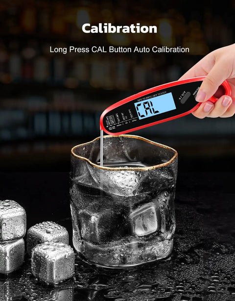Instant Read Digital Meat Thermometer With Dual Probes For Grilling And Cooking shown submerged in ice water for calibration