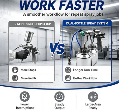 Comparison of Heavy Duty Dual Head Paint Spray Gun With Knockout Twin Aluminum Cups versus single-cup setup for efficiency.
