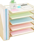 Five Tier Desk Organizer With Magazine Holder In Gold Finish Paper Tray And Letter Tray Desktop File Organizer For Office Supplies Documents And Books Space Saving Office Desk Accessory For A Neat And Ready To Use Workspace, shown with colorful paper and office supplies.