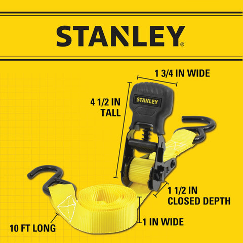 One Inch By Ten Foot Ratchet Tie Down Straps, 500 Pound Safe Working Load, 1,500 Pound Break Strength, rolled yellow strap with measurements