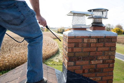Person applying Heavy Duty Siloxane Chimney Brick Sealer on chimney to protect vertical masonry from moisture damage.