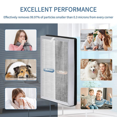 Replacement Filter For MA Series 25 Air Purifier, showing filter performance with images of people and pets indoors.
