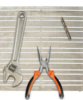 Magnetic Tool Holder 12x12 Inch Garage Organization Panel with wrench, pliers, and drill bit on steel surface for workshop storage.