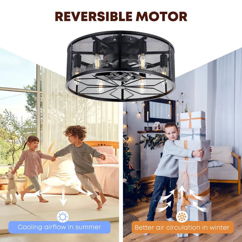 Dope 18 Inch Flush Mount Ceiling Fan With Lights Low Profile Black Industrial Cage Fixture For Bedroom And Kitchen Dual Season Use