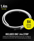 iCUE LS100 1.4M Smart Lighting Strip Expansion Kit with 84 addressable LEDs shown coiled in a circle, black background