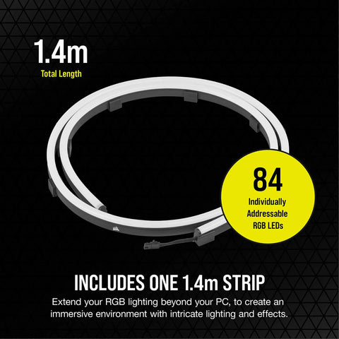 iCUE LS100 1.4M Smart Lighting Strip Expansion Kit with 84 addressable LEDs shown coiled in a circle, black background