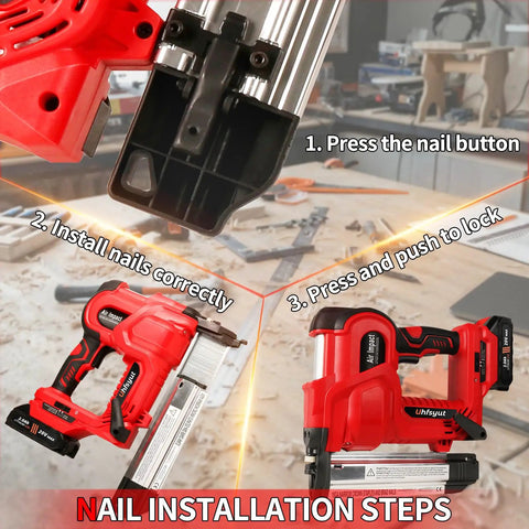 Heavy Duty 20V Cordless Brad Nailer And Stapler Kit Featuring Adjustable Depth Control demonstrating nail installation steps.