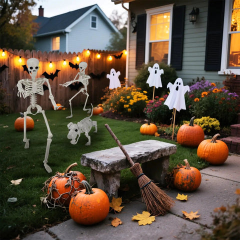 Halloween-themed front yard with skeletons, ghosts, pumpkins, and a broomstick, set for spooky outdoor decor