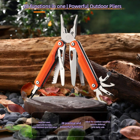 28-In-1 Pocket Multitool Pliers With Replaceable Bits For Outdoor And Home Use, Rugged Black Do-It-All Tool in outdoor setting
