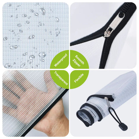 Waterproof and tear-resistant features of 12 Pack Waterproof Zipper File Folders with Tear-Resistant PVC Pouches, A4 size.